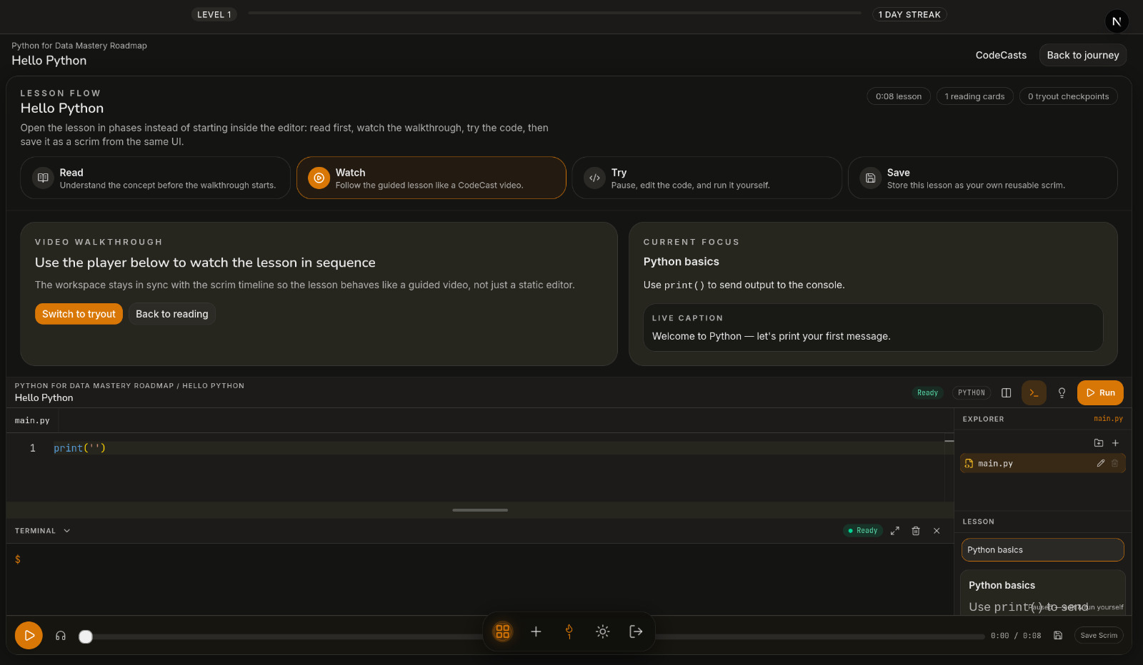 CodeCast video walkthrough — Watch phase