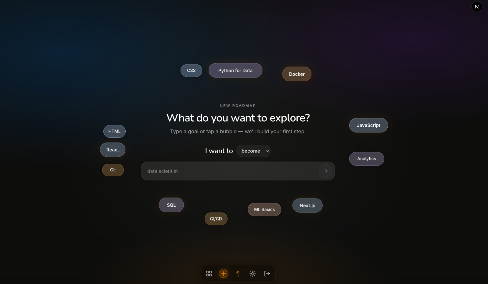 Roadmap creator — goal input and interest bubbles